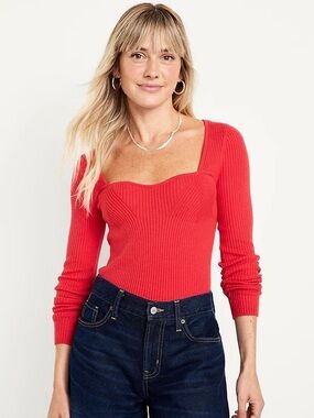 Old Navy Red Ribbed Fitted Sweetheart Sweater Top Sz M